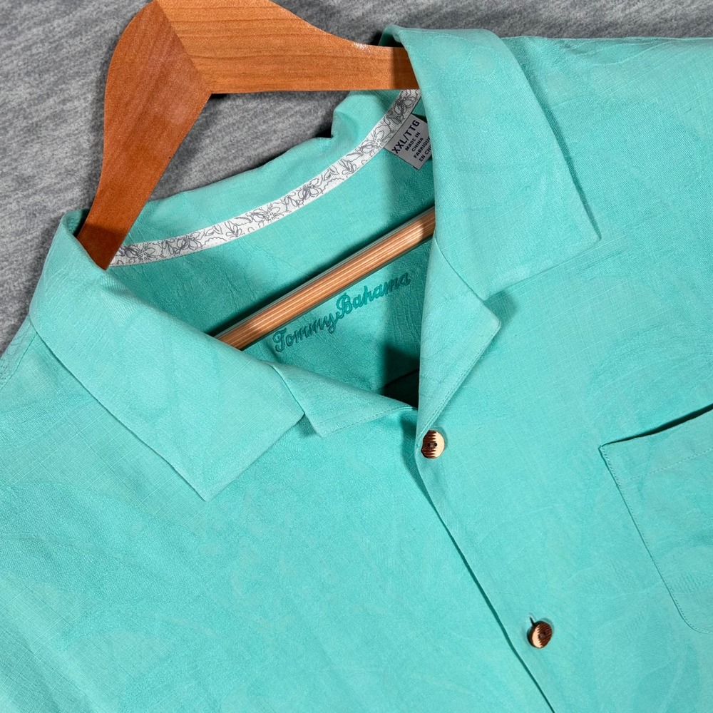 Tommy Bahama Silk Floral Camp Shirt Mens XXL Blue Green Jacquard Tropical S/S